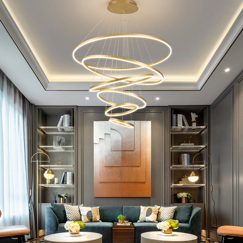Moderne LED-Ring-Pendelleuchten, Goldenes, kreatives Aluminiumkreis-Pendelleuchte für Wohnzimmer, Restaurant und Zuhause - Unique Outlet