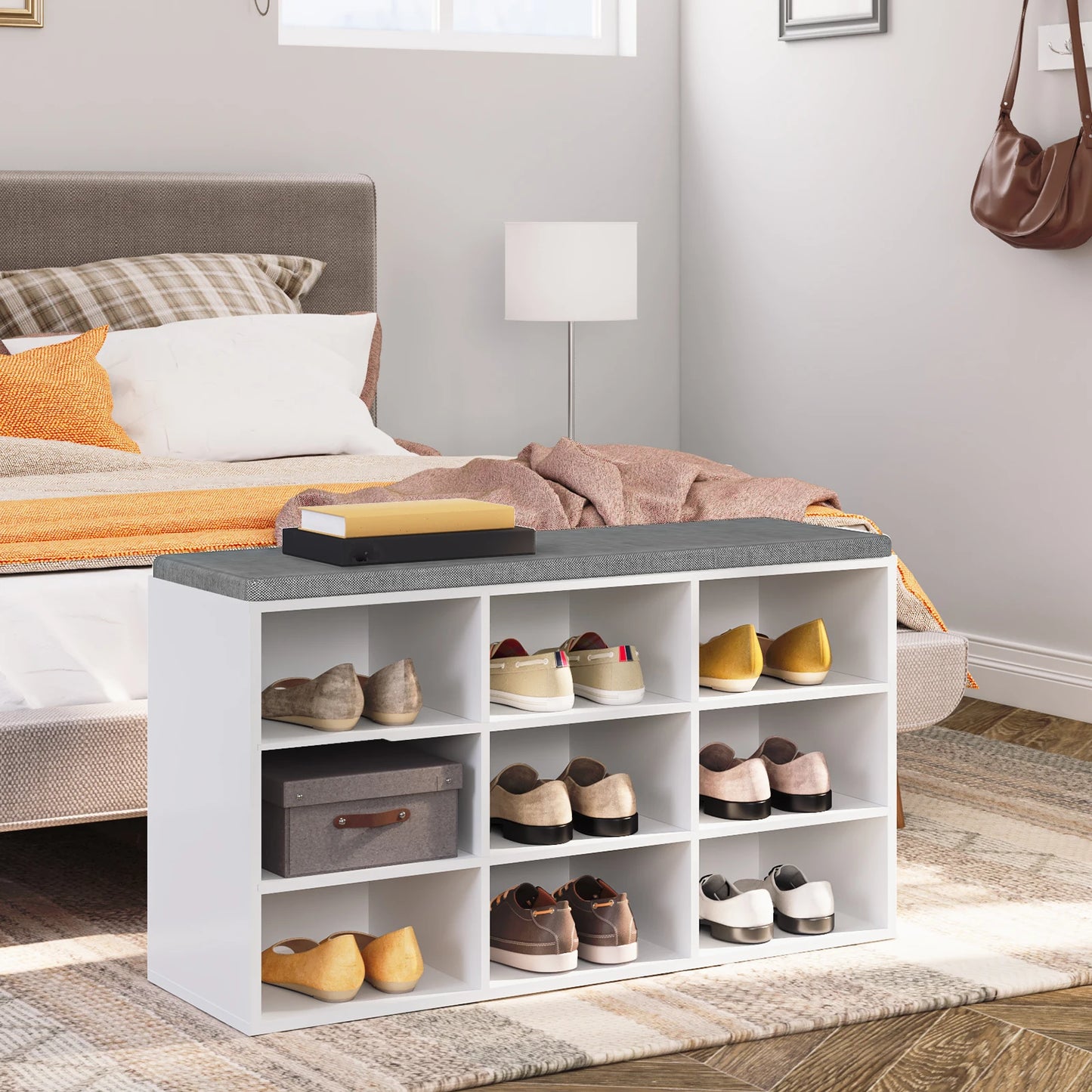 Moderner Garderobenschuhregal-Set mit Gepolsterter Sitzbank und Wandgarderobe, 9 Fächer & Haken, in Weiß - Unique Outlet