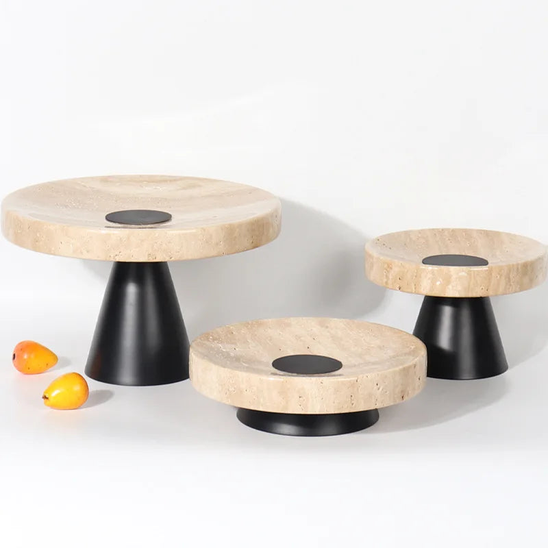 Beiges Travertin-Tablett mit Metallfuß – Multifunktionales Serviertablett im Vintage-Stil - Unique Outlet