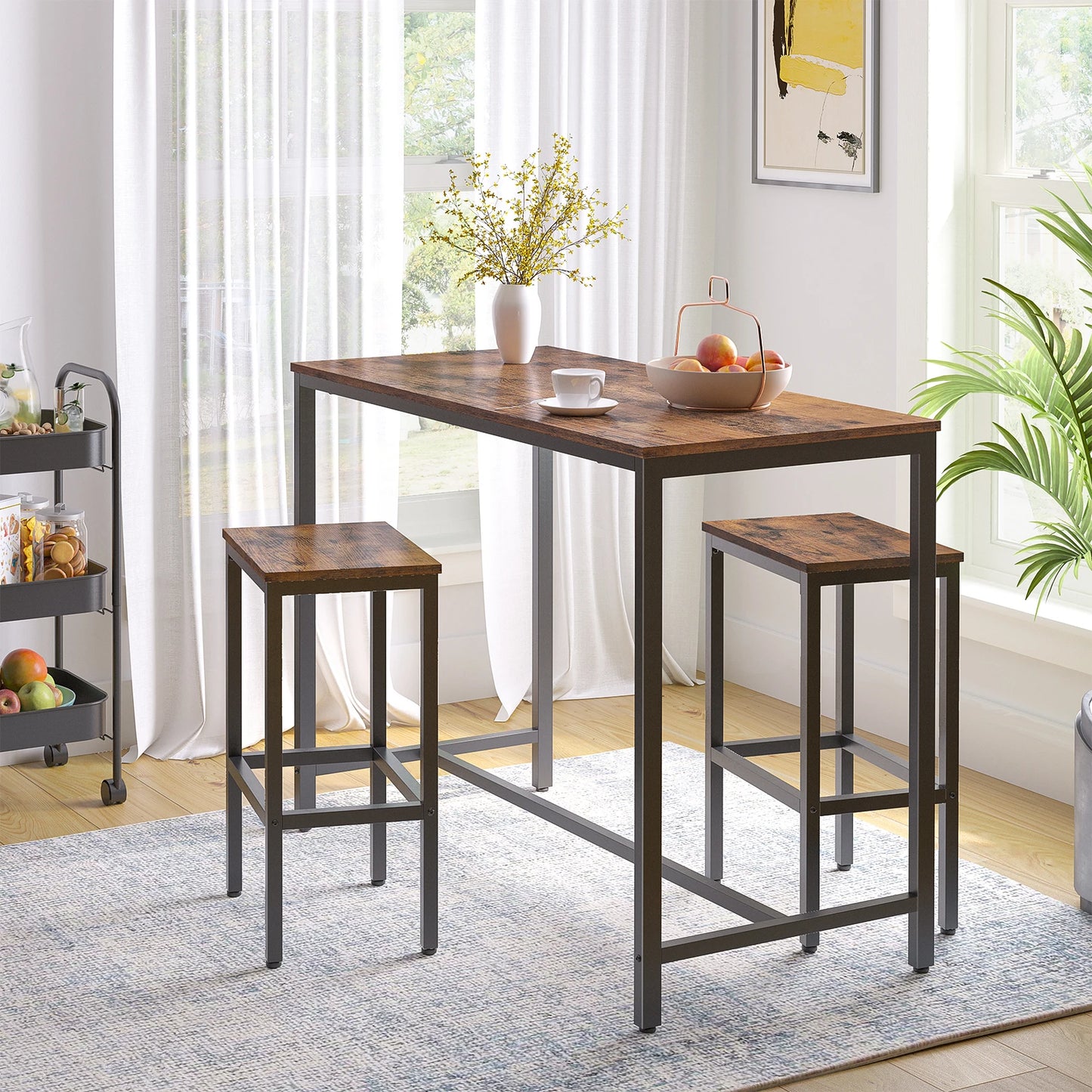 Bar-Set mit Tisch und Stühlen, 120 cm Rechteckiger Stehtisch und 2 Hocker, 3-teiliges Frühstücksset für Küche, Wohnzimmer und Esszimmer mit stabilem Metallgestell - Unique Outlet