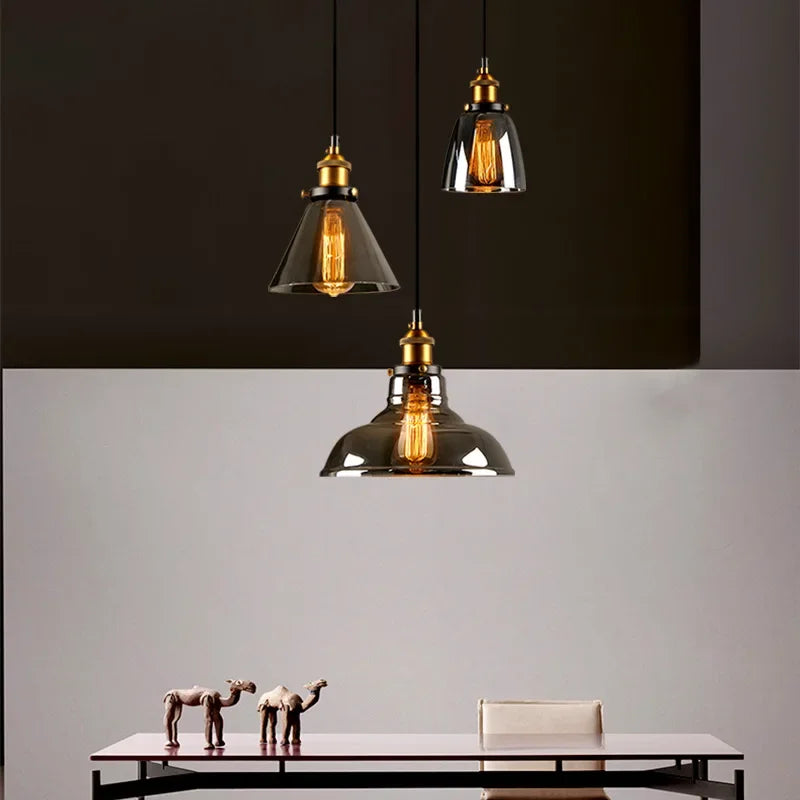 Vintage Glas-Hängelampe in Bernsteinfarben mit Luxus-Kristallklarem Grau – Kronleuchter-Pendelleuchte für Loft und Esszimmer-Dekoration - Unique Outlet