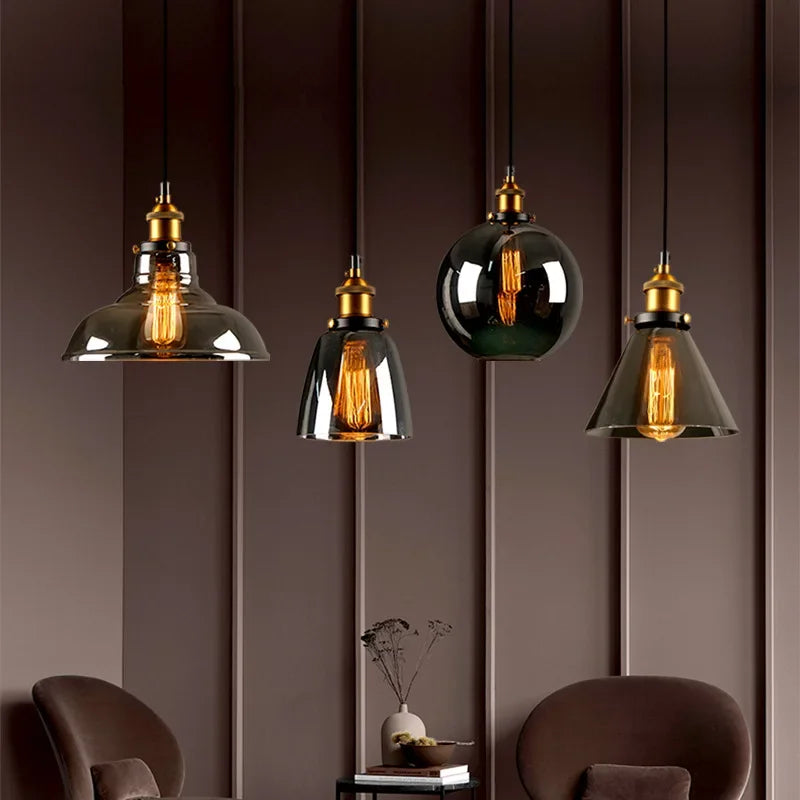 Vintage Glas-Hängelampe in Bernsteinfarben mit Luxus-Kristallklarem Grau – Kronleuchter-Pendelleuchte für Loft und Esszimmer-Dekoration - Unique Outlet