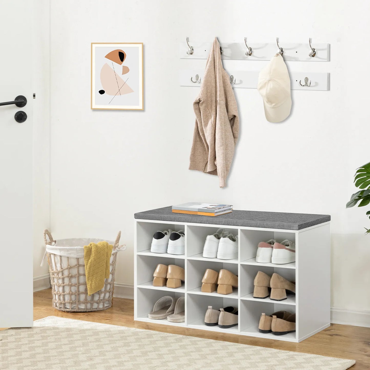 Moderner Garderobenschuhregal-Set mit Gepolsterter Sitzbank und Wandgarderobe, 9 Fächer & Haken, in Weiß - Unique Outlet