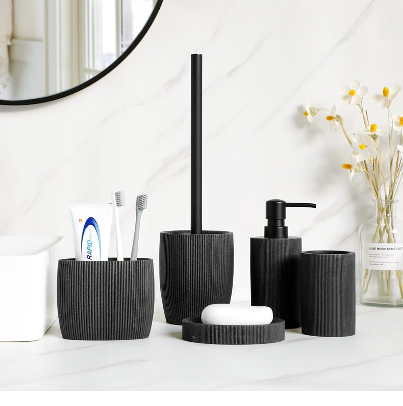 Schwarzes Badezimmer Zubehör Sets mit Seifenspender Zahnbürstenhalter Becher Seifenschale Mundwasser Cup Toilettenbürstenhalter - Unique Outlet
