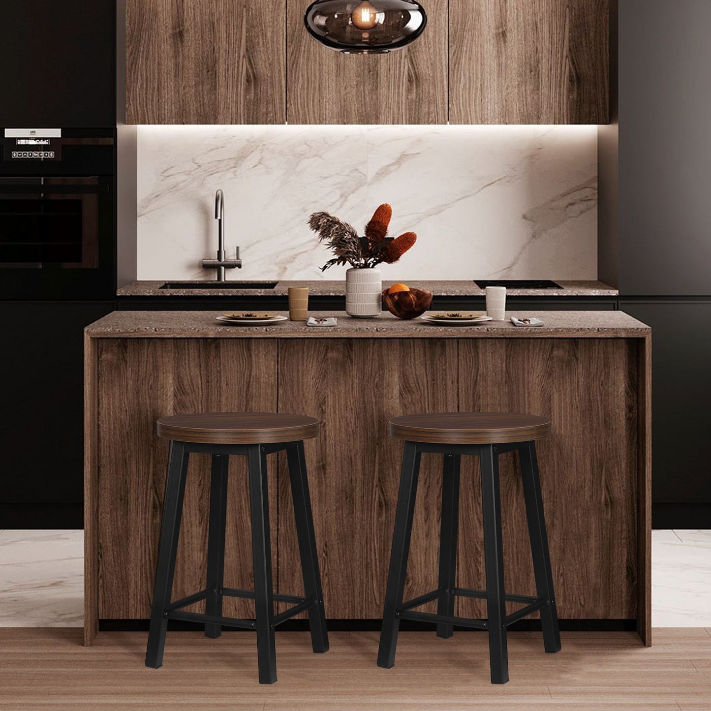 2-teiliges Set Vintage-Stil Esszimmerstühle aus Metall und Verbundholz, Küchenstühle im Retro-Industriedesign für Zuhause und Wohnzimmer - Unique Outlet