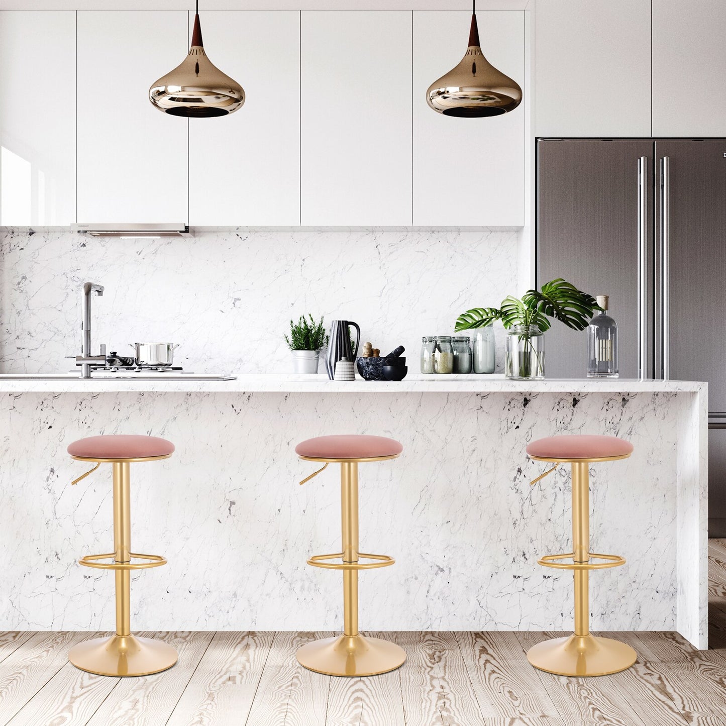 360° Drehbarer Barhocker mit Fußstütze und höhenverstellbarem Sitz - Moderner Samthocker für Küche, Bar, Bistro und Café - Unique Outlet