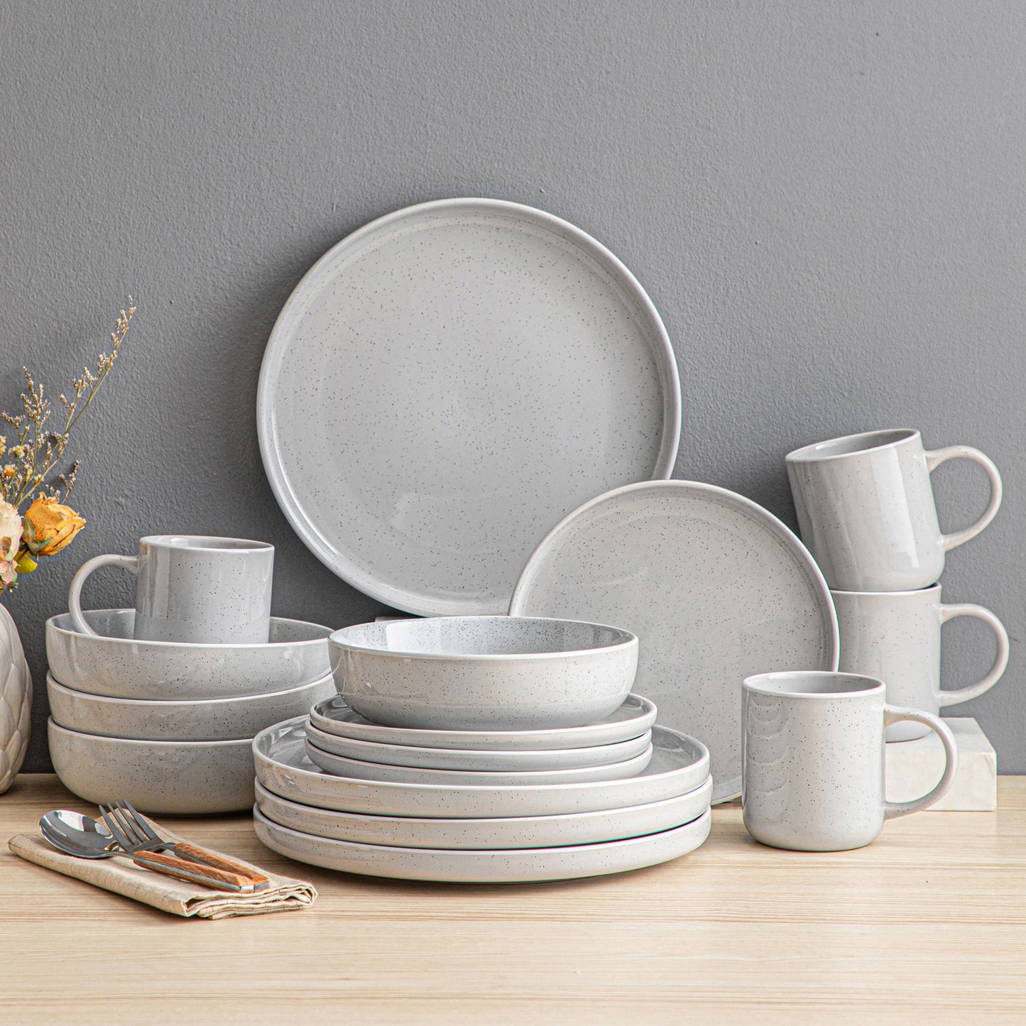 16/32/48 teiliges weißes Stoneware-Set mit Sesame Glaze Ceramic Dinnerware-Set - Unique Outlet