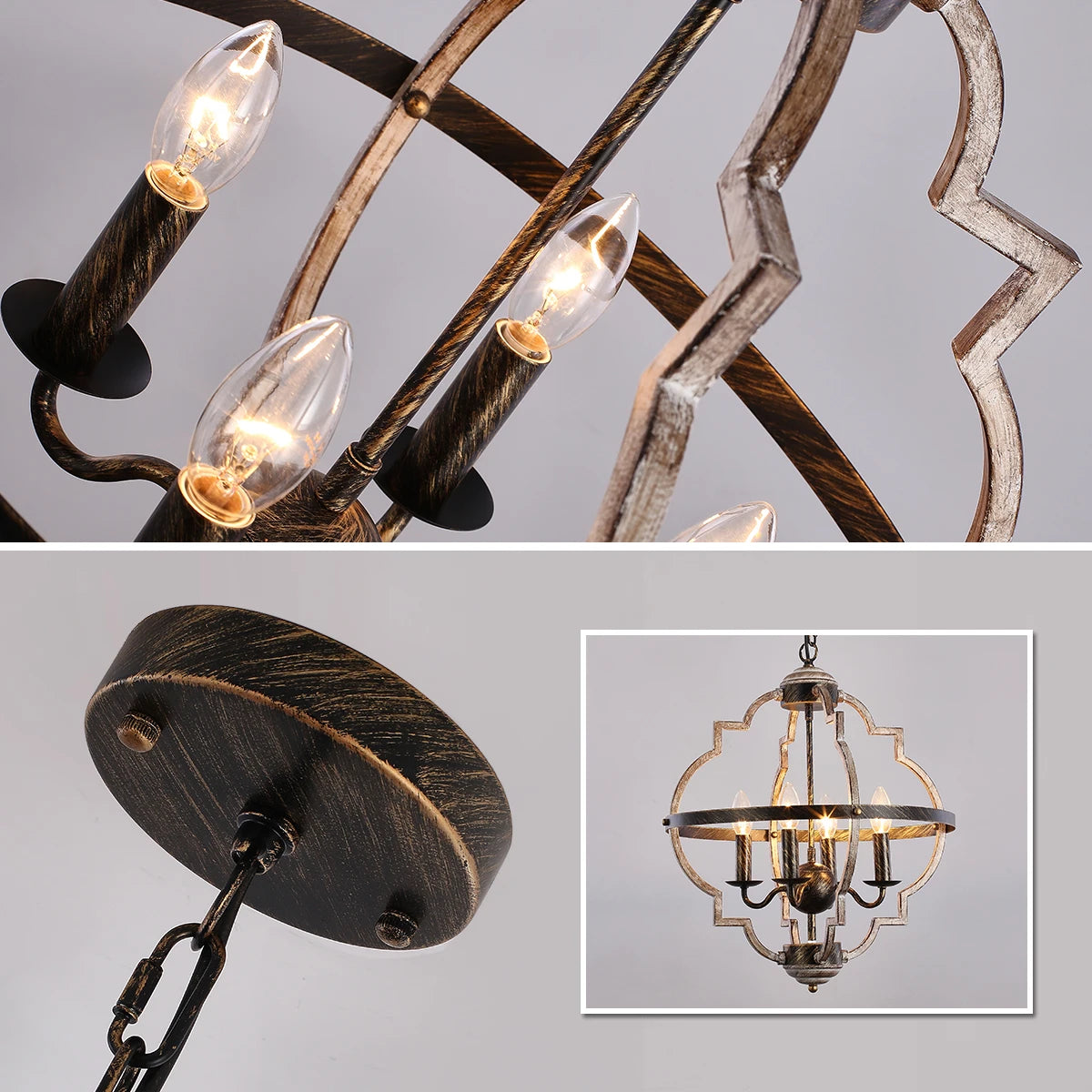 Rustikaler Bauernhaus-Metallkronleuchter, Distressed Holz Deckenleuchte, Ideal für Wohnzimmer, Eingangsbereich und Foyer, 4 Lichter - Unique Outlet