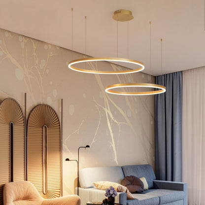 2023 Moderne LED-Kronleuchter-Heimbeleuchtung, gebürstete Ringe, Deckenmontage, hängende Lampe, Gold & Kaffee Farben (40/60/80cm) - Unique Outlet