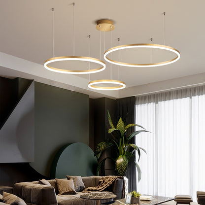 2023 Moderne LED-Kronleuchter-Heimbeleuchtung, gebürstete Ringe, Deckenmontage, hängende Lampe, Gold & Kaffee Farben (40/60/80cm) - Unique Outlet