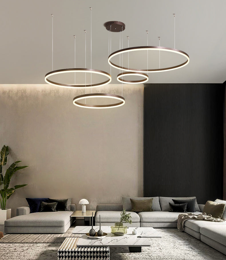 2023 Moderne LED-Kronleuchter-Heimbeleuchtung, gebürstete Ringe, Deckenmontage, hängende Lampe, Gold & Kaffee Farben (40/60/80cm) - Unique Outlet