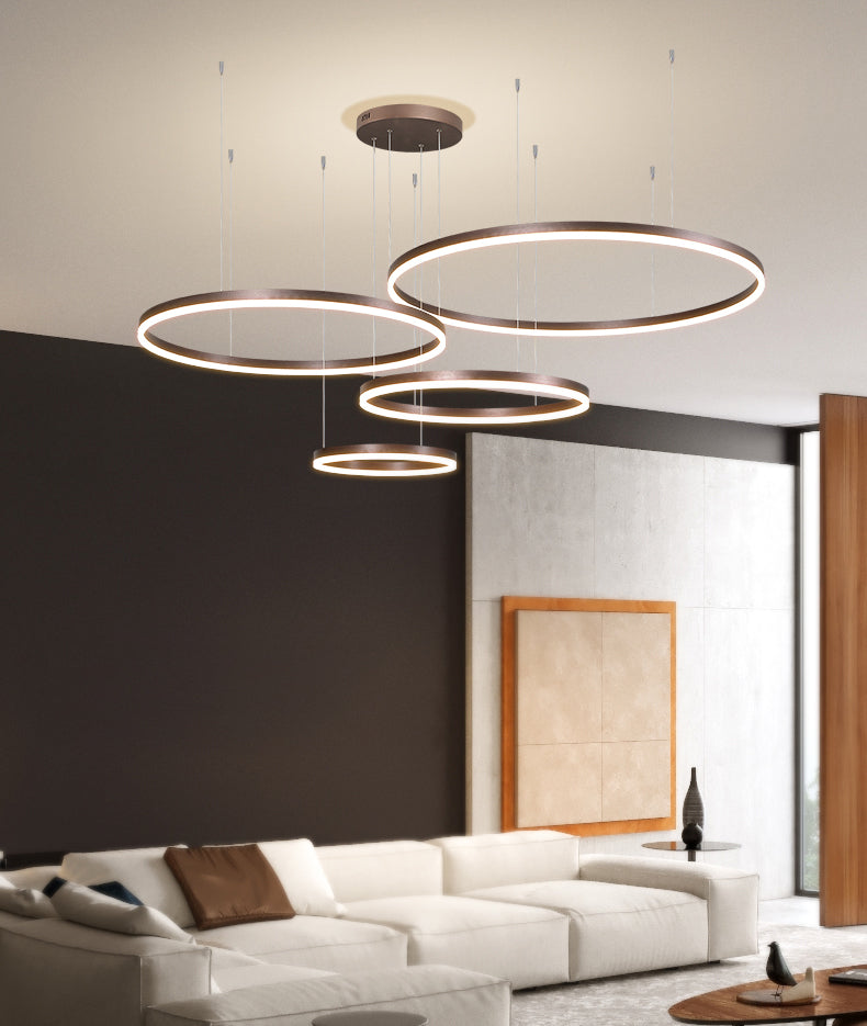 2023 Moderne LED-Kronleuchter-Heimbeleuchtung, gebürstete Ringe, Deckenmontage, hängende Lampe, Gold & Kaffee Farben (40/60/80cm) - Unique Outlet