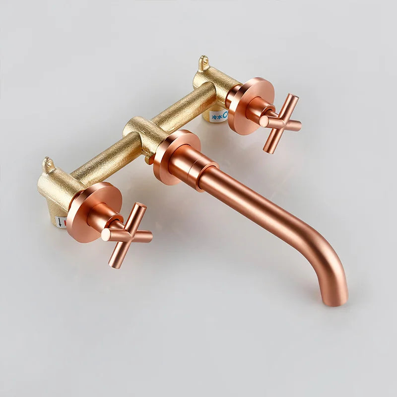Moderne Wandarmatur in Gebürstetem Roségold mit Zwei Kreuzgriffen für das Badezimmer - Unique Outlet