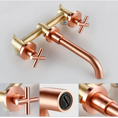 Moderne Wandarmatur in Gebürstetem Roségold mit Zwei Kreuzgriffen für das Badezimmer - Unique Outlet