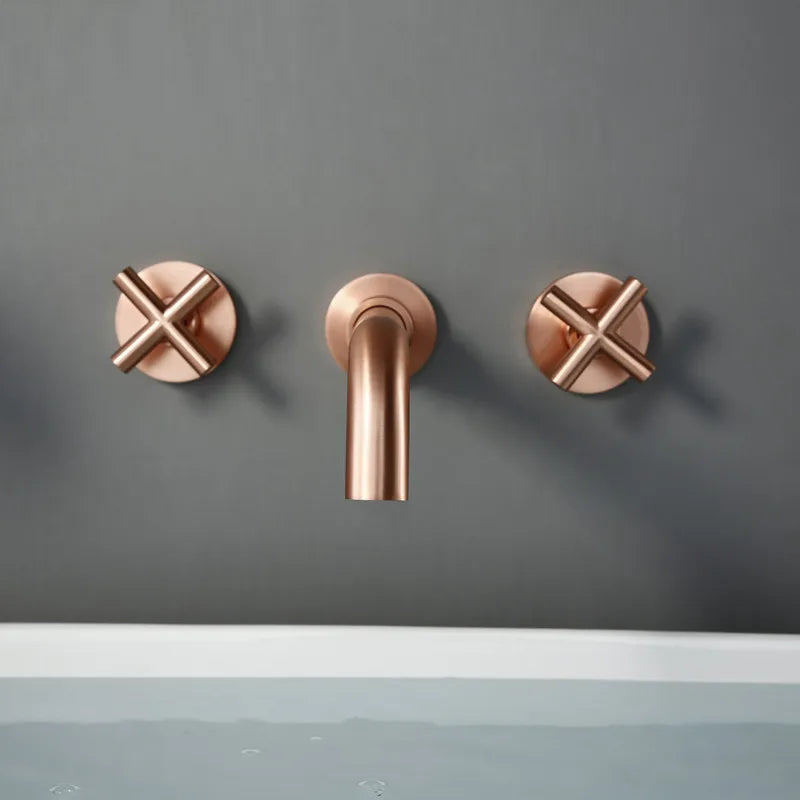 Moderne Wandarmatur in Gebürstetem Roségold mit Zwei Kreuzgriffen für das Badezimmer - Unique Outlet