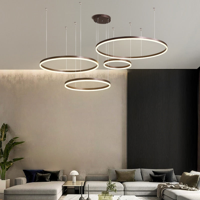 2023 Moderne LED-Kronleuchter-Heimbeleuchtung, gebürstete Ringe, Deckenmontage, hängende Lampe, Gold & Kaffee Farben (40/60/80cm) - Unique Outlet