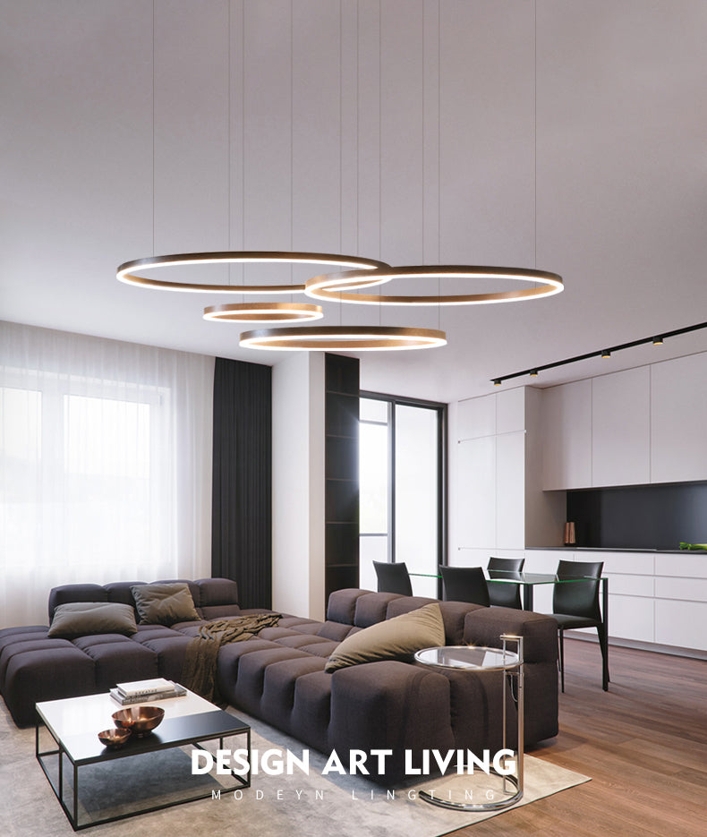 2023 Moderne LED-Kronleuchter-Heimbeleuchtung, gebürstete Ringe, Deckenmontage, hängende Lampe, Gold & Kaffee Farben (40/60/80cm) - Unique Outlet