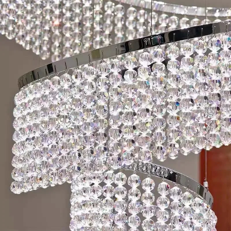 Eleganter Luxus Kristall-LED-Pendelleuchter für Treppenhaus – Modernes Design mit Ringen für Wohnzimmer, Villen, Lobby und Hotels von Unique Outlet - Unique Outlet