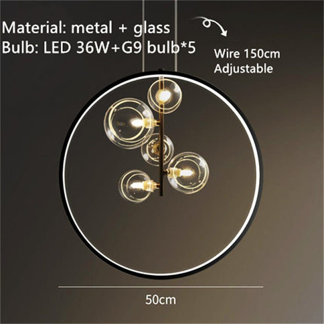 Handgeblasener Kronleuchter mit Glaslampenschirm und Aluminiumring - Verfügbar in Transparent oder Milchweiß - Für Wohnzimmer, Esszimmer, Schlafzimmer - Unique Outlet