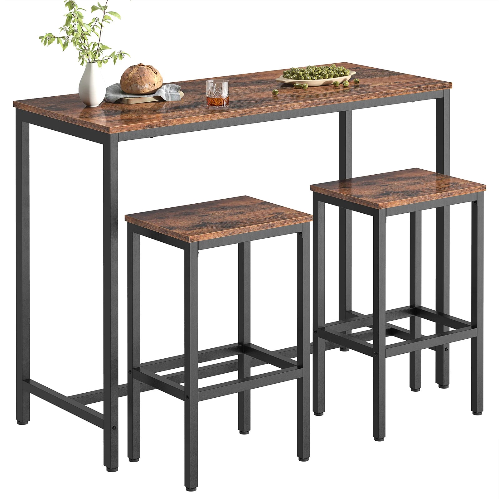 Bar-Set mit Tisch und Stühlen, 120 cm Rechteckiger Stehtisch und 2 Hocker, 3-teiliges Frühstücksset für Küche, Wohnzimmer und Esszimmer mit stabilem Metallgestell - Unique Outlet