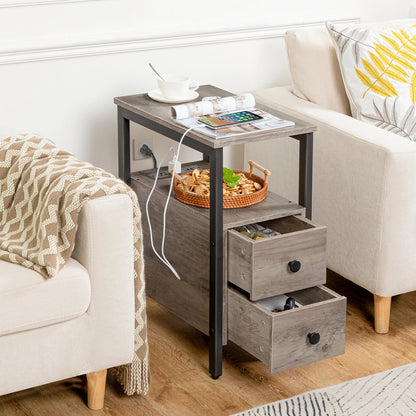 Schmaler Beistelltisch mit Ladestation, 2 Schubladen, USB-Port und Steckdosen, Nachtisch für kleine Räume im Amerikanischen Landhausstil - Unique Outlet