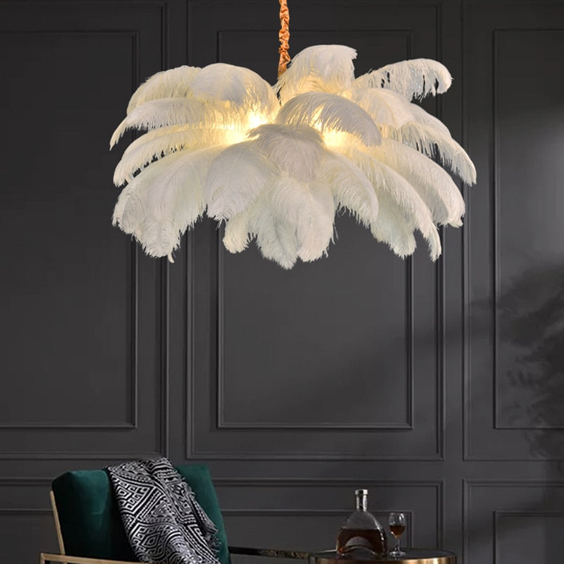 Skandinavische Straußenfeder-LED-Hängelampe für Wohnzimmer, Schlafzimmer & Innendekoration, Pendelleuchten für eine Fläche von 5-20m², Farbe Gelb - Unique Outlet