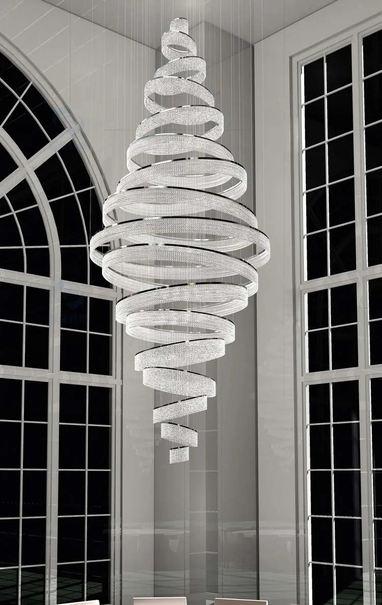Eleganter Luxus Kristall-LED-Pendelleuchter für Treppenhaus – Modernes Design mit Ringen für Wohnzimmer, Villen, Lobby und Hotels von Unique Outlet - Unique Outlet