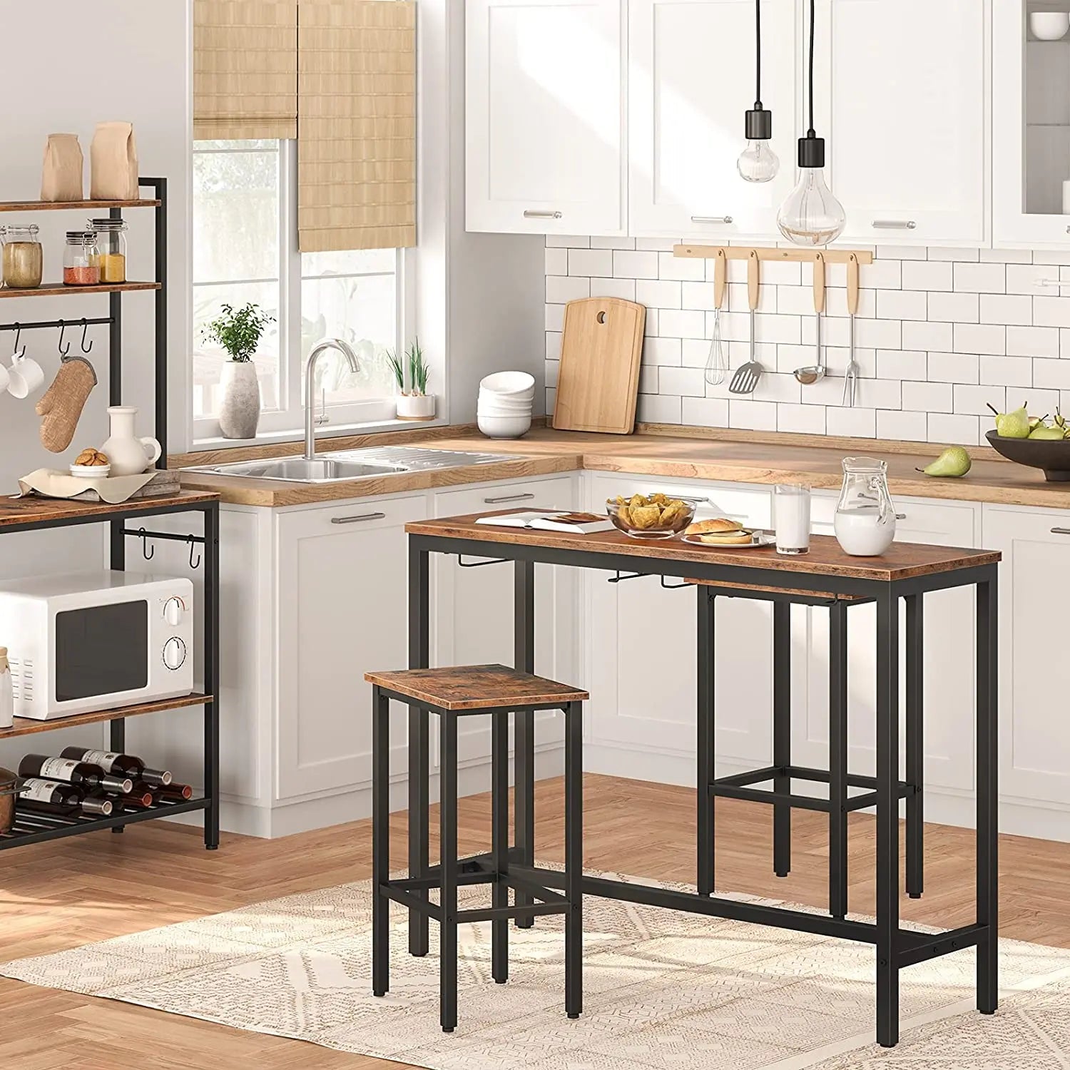 Klassisches Bartisch-Set mit Barhockern, 100 cm Rechteckiger Hängetisch, 3-Teilig für Wohnzimmer und Küche in Rustikalem Braun - Unique Outlet