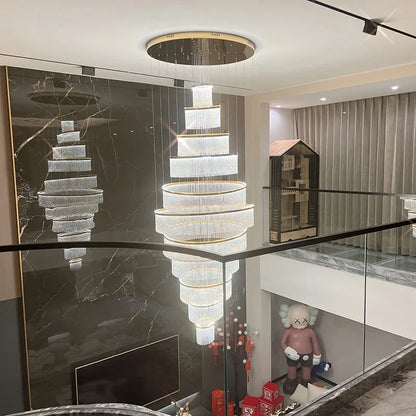 Eleganter Luxus Kristall-LED-Pendelleuchter für Treppenhaus – Modernes Design mit Ringen für Wohnzimmer, Villen, Lobby und Hotels von Unique Outlet - Unique Outlet