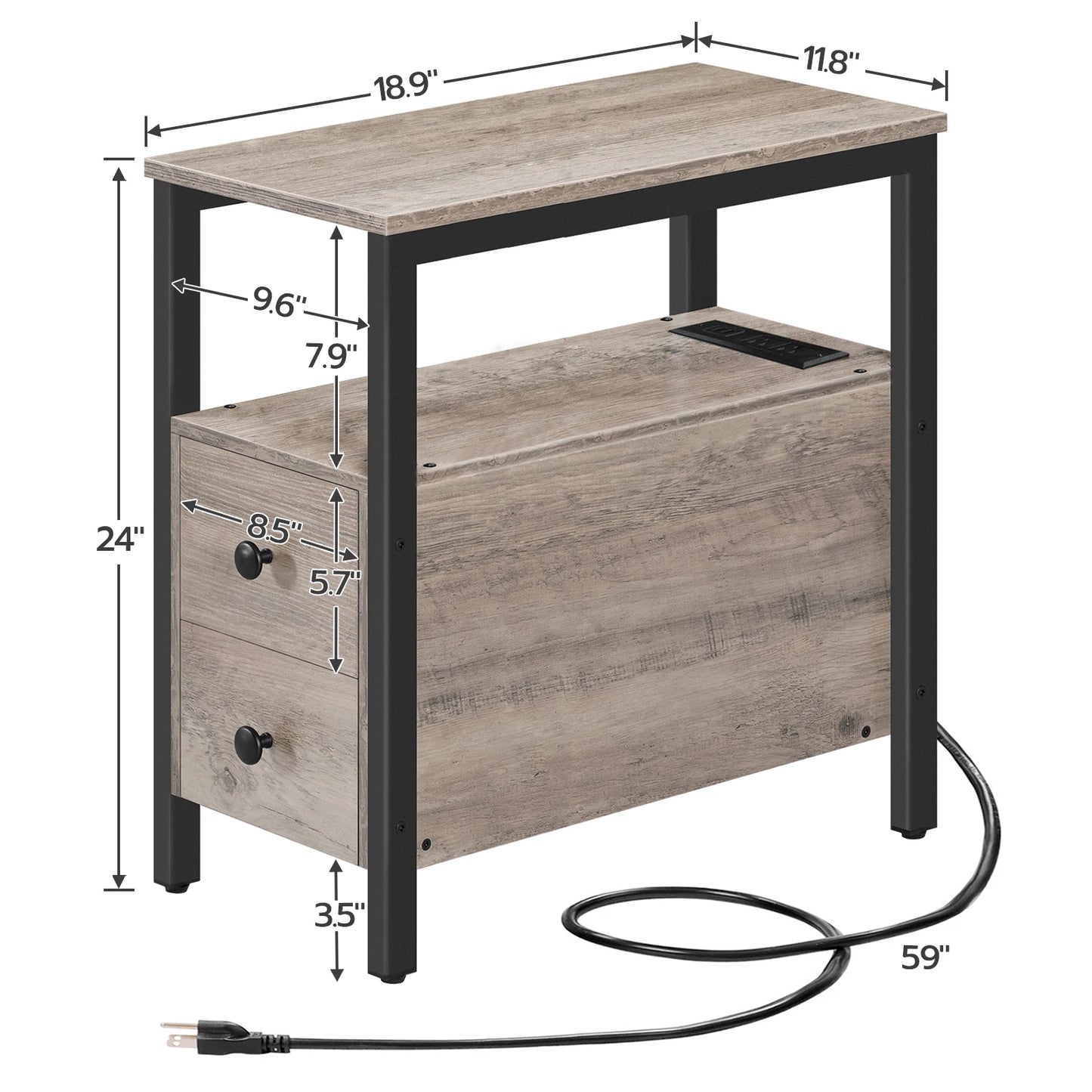 Schmaler Beistelltisch mit Ladestation, 2 Schubladen, USB-Port und Steckdosen, Nachtisch für kleine Räume im Amerikanischen Landhausstil - Unique Outlet