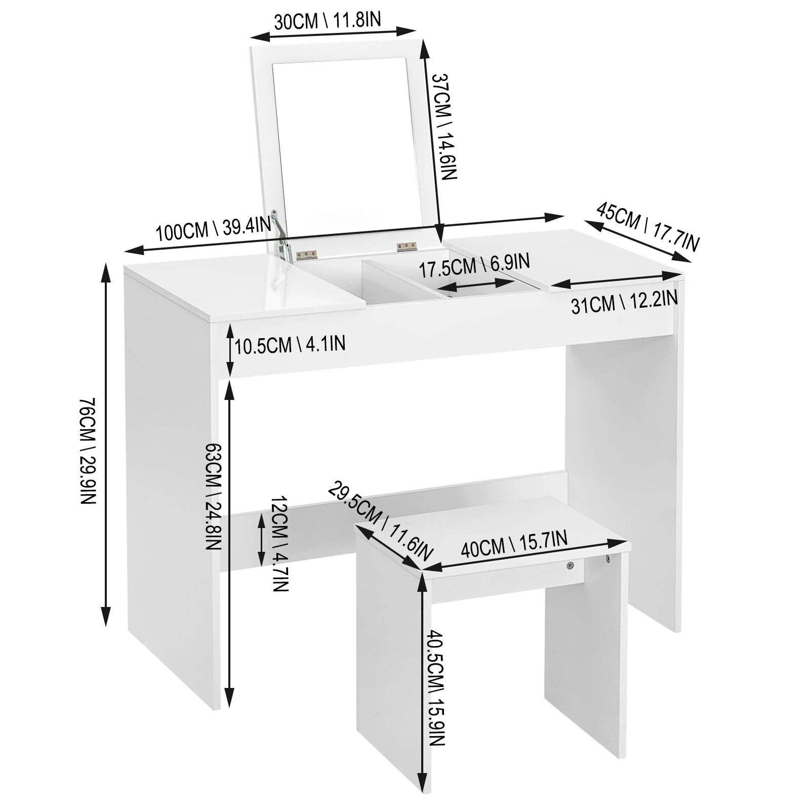 Weißer Schminktisch-Set mit Klappbarem Spiegel und Hocker - Hochglanz Kosmetiktisch für Schlafzimmer - Unique Outlet