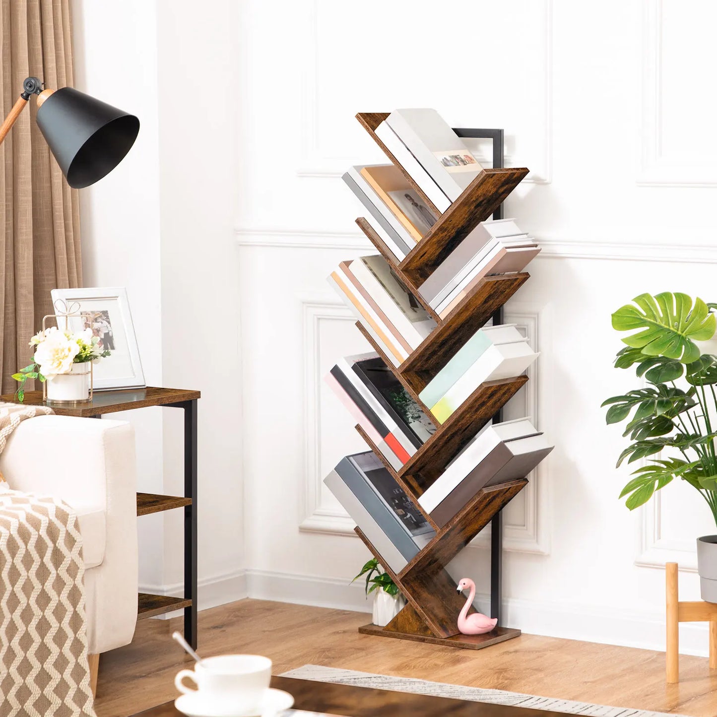 Baumförmiges Bücherregal, 9-Etagen Standregal, hohe Bücherablage aus Holz für CDs und Alben für Heimbüro - Unique Outlet