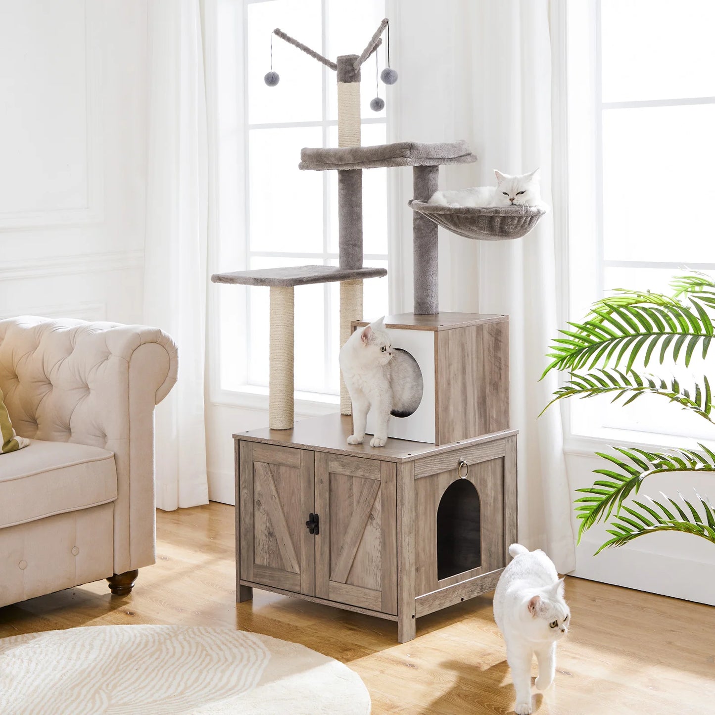Luxuriöser Katzenturm mit Mehreren Ebenen, Hängematte, Kletterbaum und Spielzeug, Kratzbaum in Grau - Unique Outlet