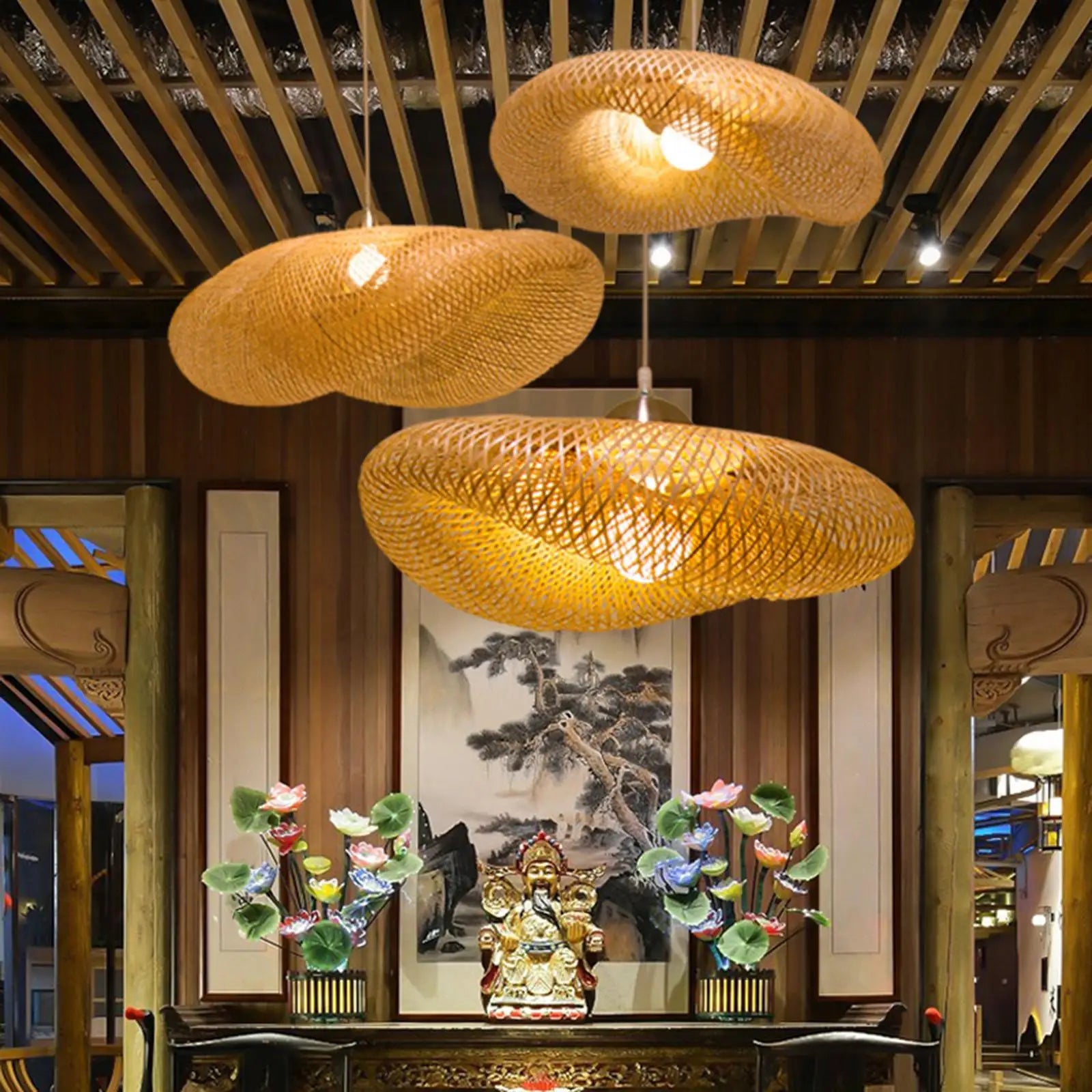 Handgefertigte Vintage Bambusweberei LED-Pendelleuchten - Hängende Kronleuchter im Rattan-Webdesign - Unique Outlet