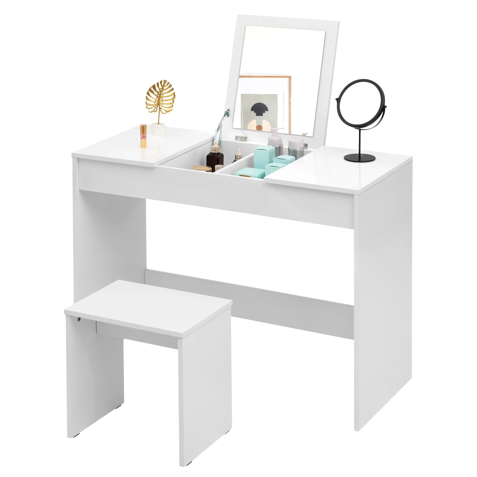 Weißer Schminktisch-Set mit Klappbarem Spiegel und Hocker - Hochglanz Kosmetiktisch für Schlafzimmer - Unique Outlet