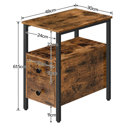 Schmaler Beistelltisch mit Schublade und Ablagefach, Nachttisch für kleine Räume, Holz-Akzentmöbel in Rustikalem Braun - Unique Outlet