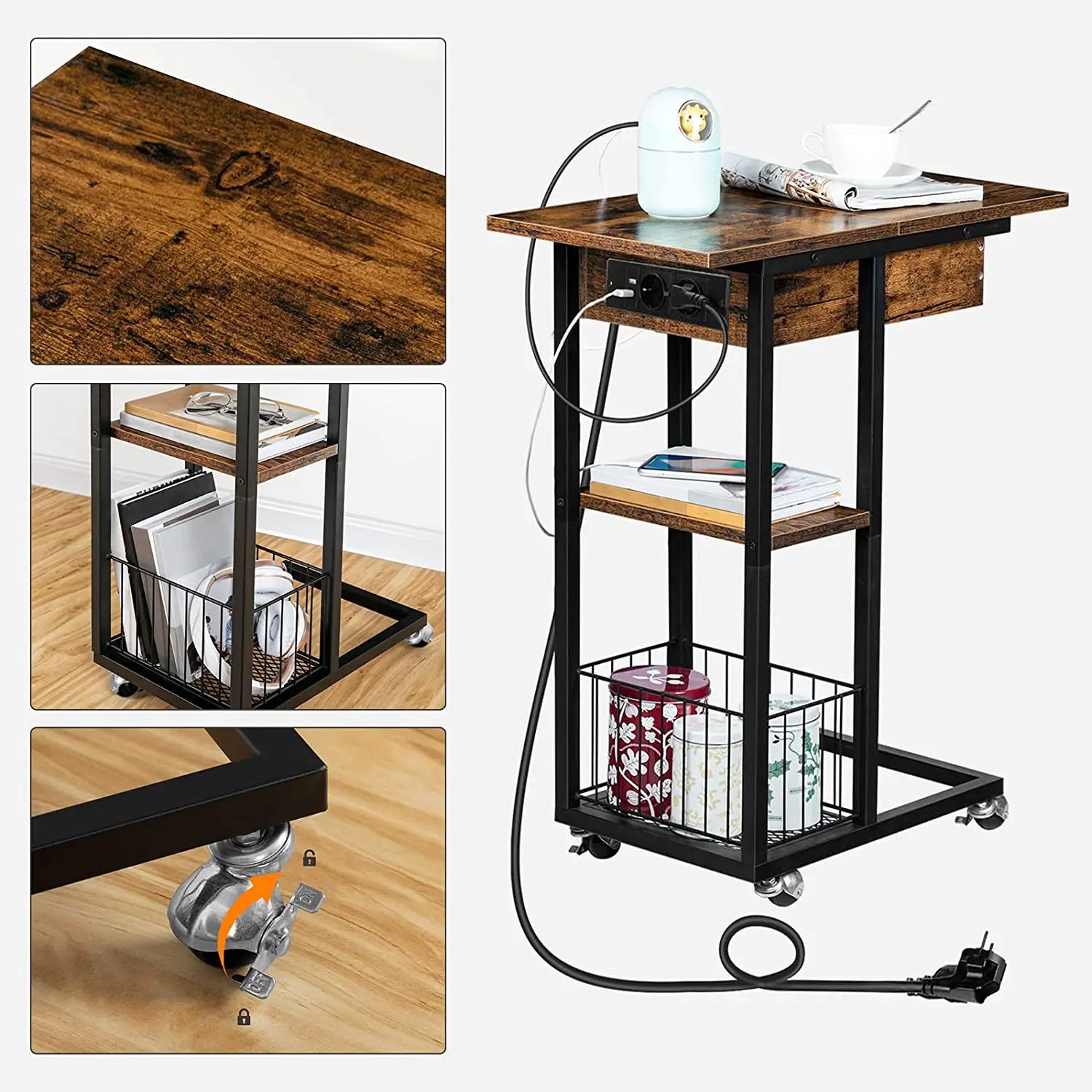 Seitentisch mit Ladestation, C-förmiger Sofatisch auf Rädern, Kaffeetisch mit Ablage, USB-Ports und Steckdosen für das Schlafzimmer im Retro-Stil - Unique Outlet
