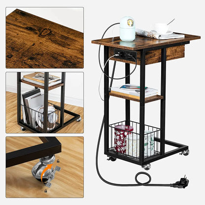 Seitentisch mit Ladestation, C-förmiger Sofatisch auf Rädern, Kaffeetisch mit Ablage, USB-Ports und Steckdosen für das Schlafzimmer im Retro-Stil - Unique Outlet