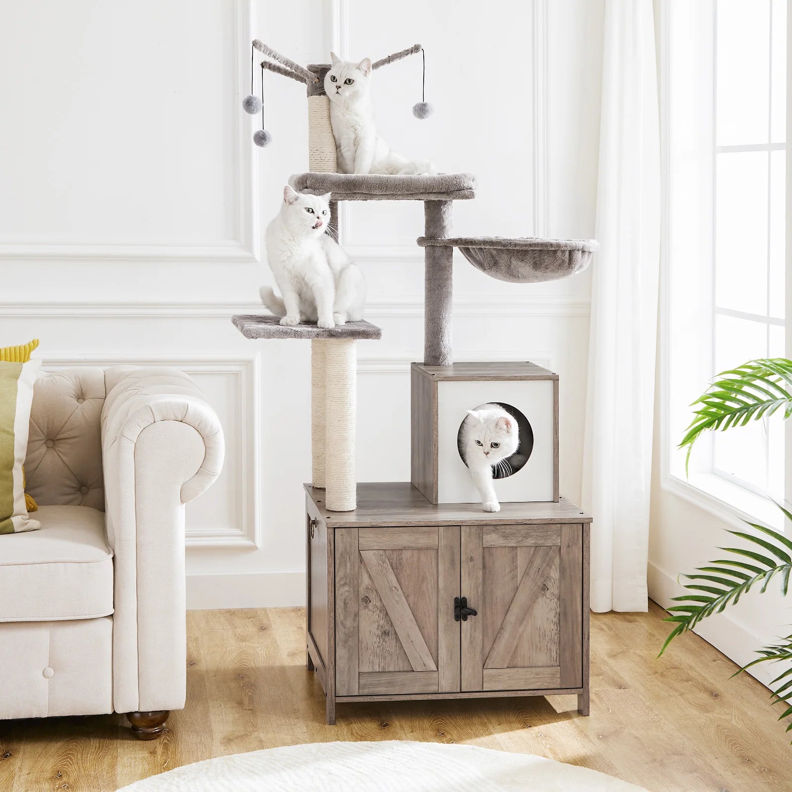 Luxuriöser Katzenturm mit Mehreren Ebenen, Hängematte, Kletterbaum und Spielzeug, Kratzbaum in Grau - Unique Outlet