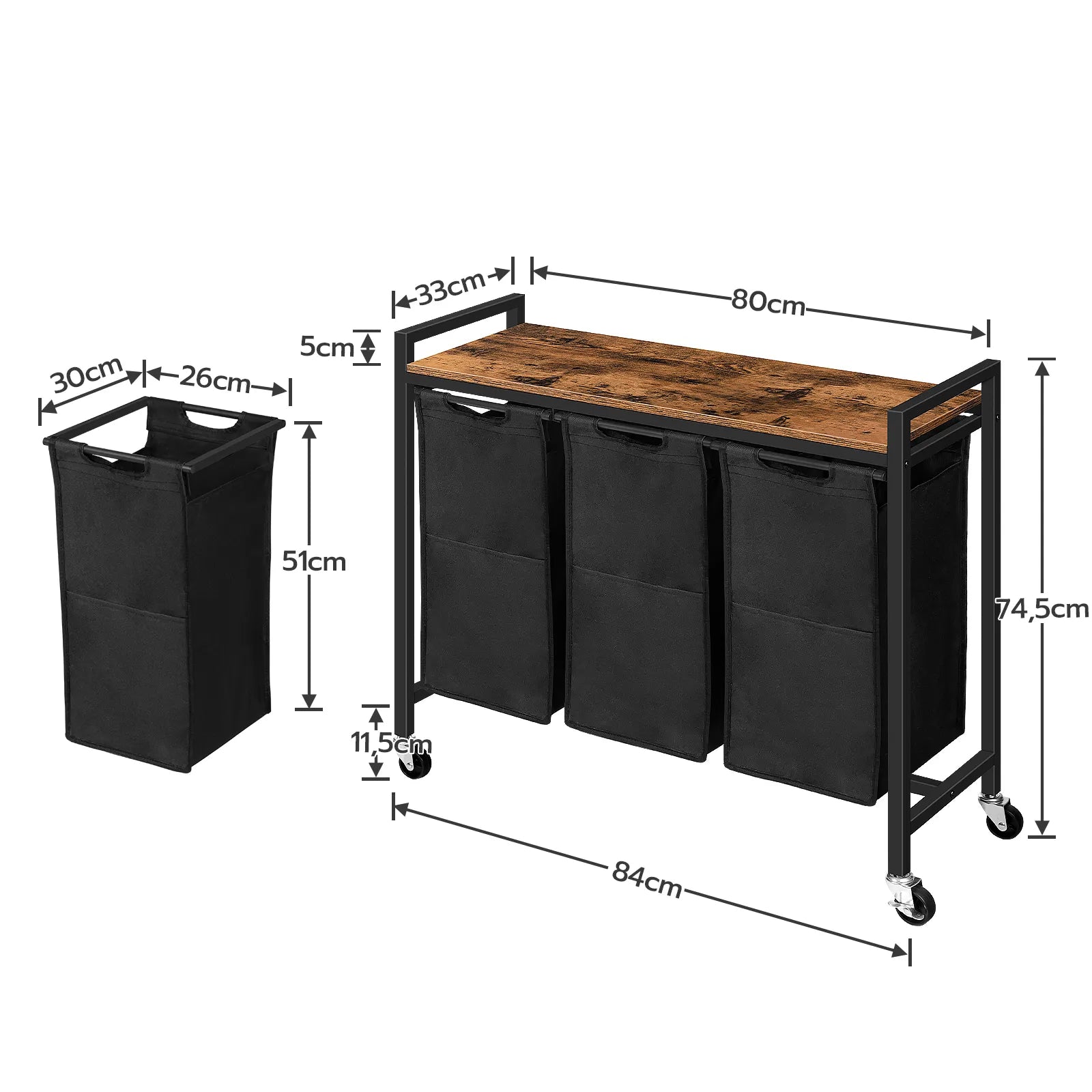 Wäschebox mit 3 Fächern, Wäschekorb auf Rollen mit Ablage, Oxford-Stoff Wäschetrolley in Rustikalem Braun - Unique Outlet