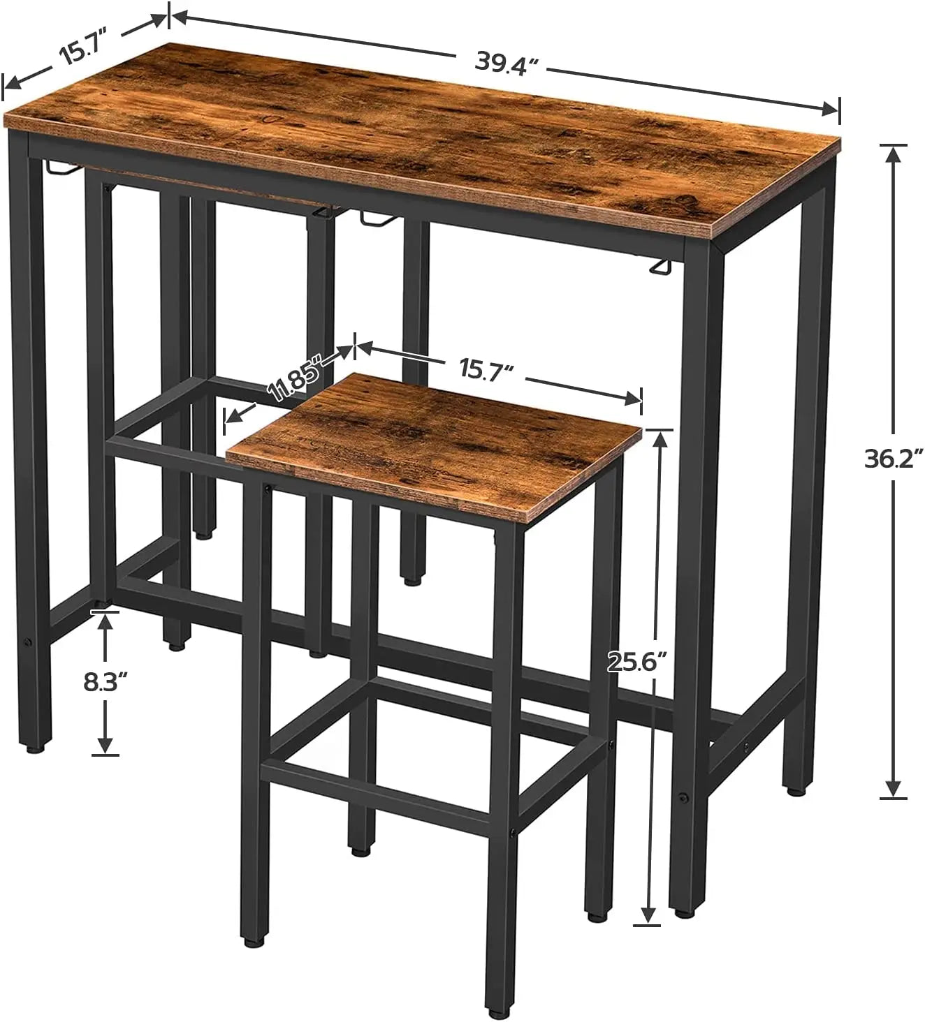 Klassisches Bartisch-Set mit Barhockern, 100 cm Rechteckiger Hängetisch, 3-Teilig für Wohnzimmer und Küche in Rustikalem Braun - Unique Outlet