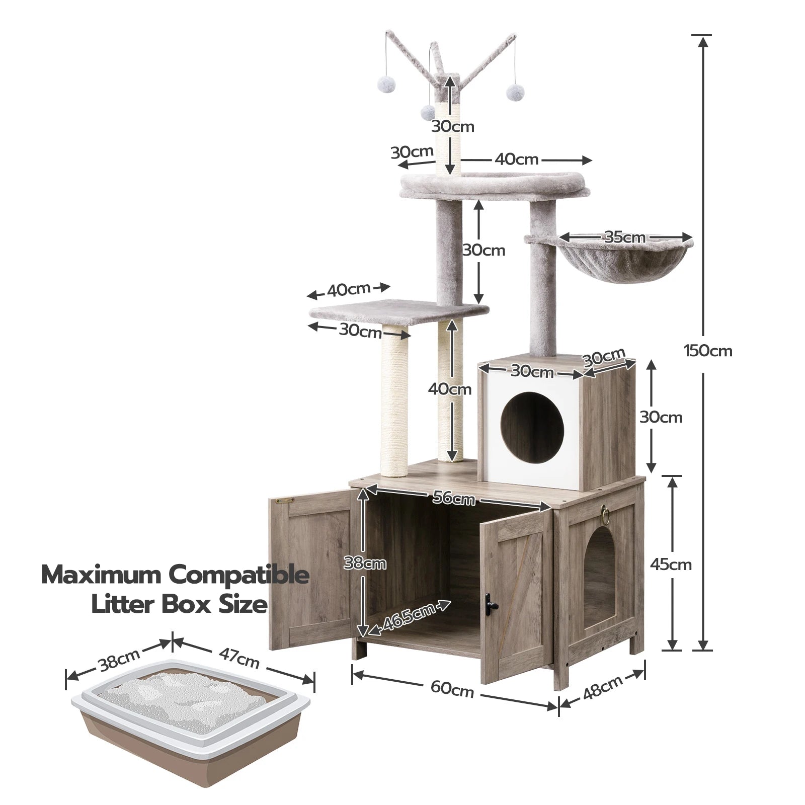 Luxuriöser Katzenturm mit Mehreren Ebenen, Hängematte, Kletterbaum und Spielzeug, Kratzbaum in Grau - Unique Outlet