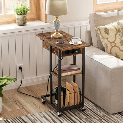 Seitentisch mit Ladestation, C-förmiger Sofatisch auf Rädern, Kaffeetisch mit Ablage, USB-Ports und Steckdosen für das Schlafzimmer im Retro-Stil - Unique Outlet