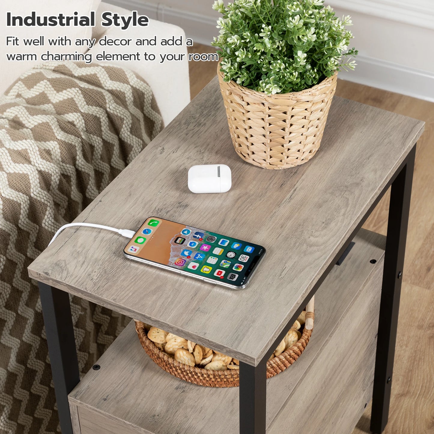 Schmaler Beistelltisch mit Ladestation, 2 Schubladen, USB-Port und Steckdosen, Nachtisch für kleine Räume im Amerikanischen Landhausstil - Unique Outlet