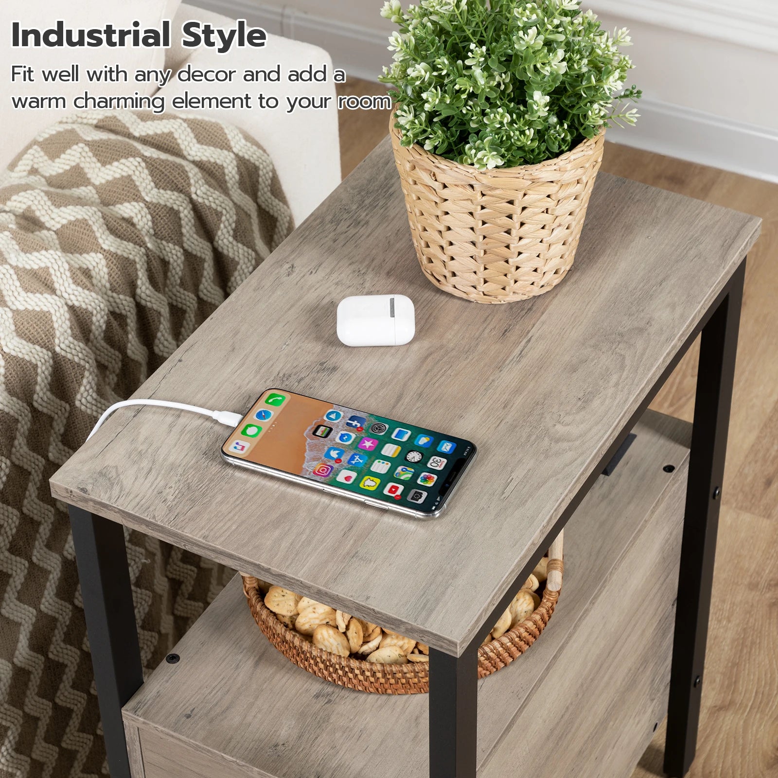 Schmaler Beistelltisch mit Ladestation, 2 Schubladen, USB-Port und Steckdosen, Nachtisch für kleine Räume im Amerikanischen Landhausstil - Unique Outlet