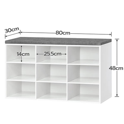 Moderner Garderobenschuhregal-Set mit Gepolsterter Sitzbank und Wandgarderobe, 9 Fächer & Haken, in Weiß - Unique Outlet