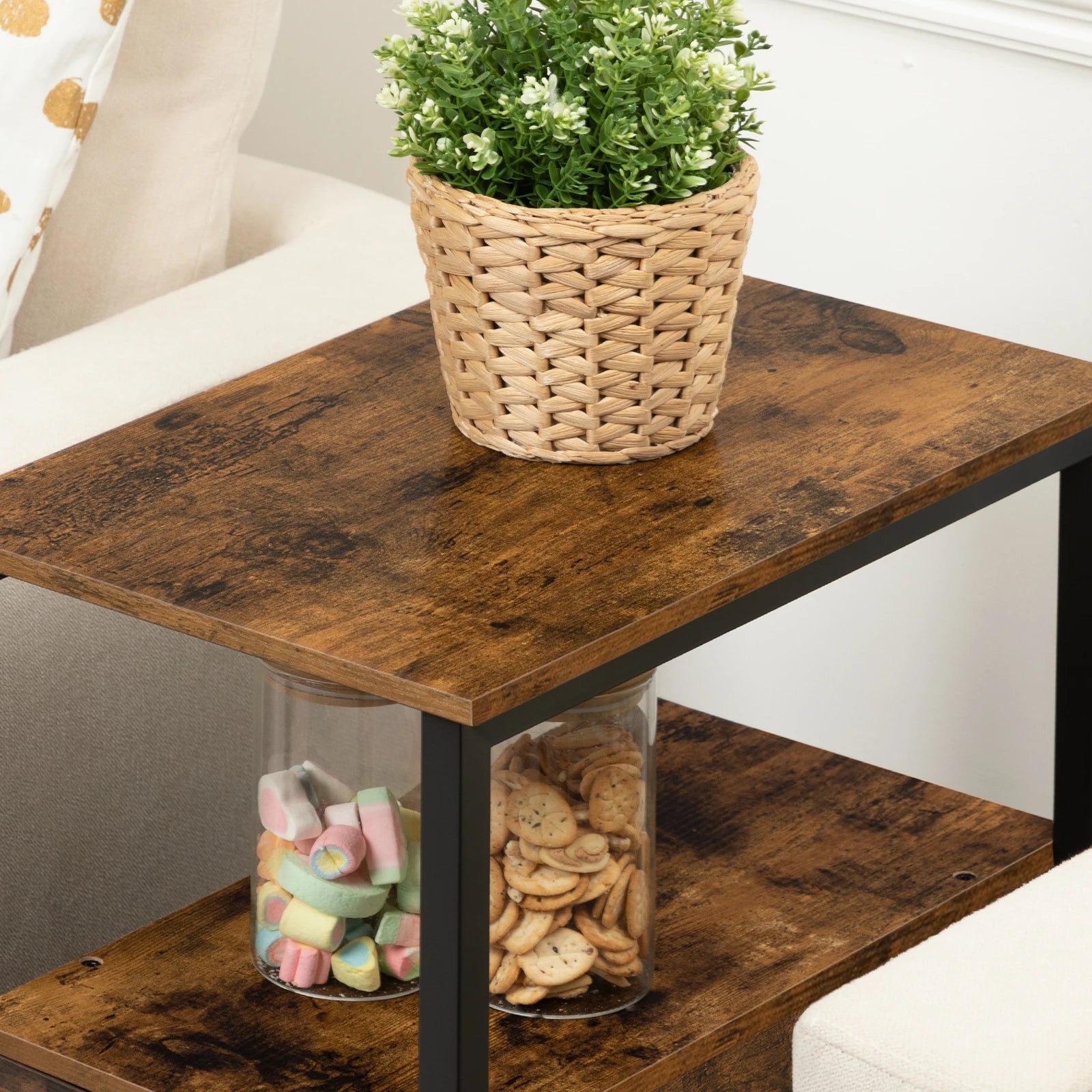 Schmaler Beistelltisch mit Schublade und Ablagefach, Nachttisch für kleine Räume, Holz-Akzentmöbel in Rustikalem Braun - Unique Outlet
