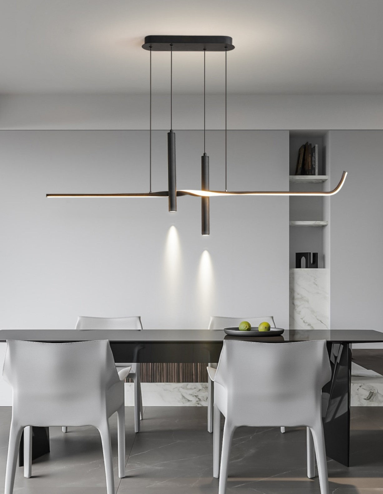 Moderne Pendelleuchten, Einfacher langer Streifen-Kronleuchter mit LED-Spotlights für Esszimmer und Wohnbereiche - Unique Outlet