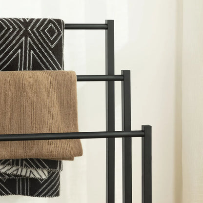 Freistehender Handtuchhalter mit 3 Handtuchstangen und Ablagefach, im schlichten Design für Badezimmer, in Rustikalem Braun und Schwarz - Unique Outlet