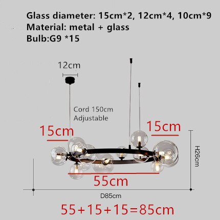 Handgeblasener Kronleuchter mit Glaslampenschirm und Aluminiumring - Verfügbar in Transparent oder Milchweiß - Für Wohnzimmer, Esszimmer, Schlafzimmer - Unique Outlet